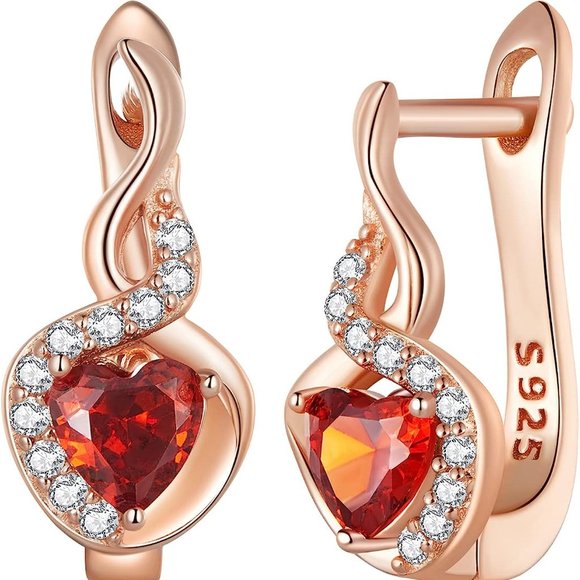 Boutique Accessories - Rose Gold Plated Heart Stud Earrings Red Cubic Zirconia Stone Hoop Stud Dangle